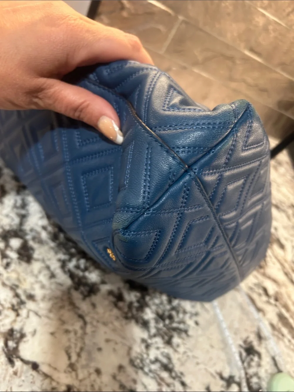 Tory Burch Quilted Navy Leather Tote with Gold Chain Handles GUC